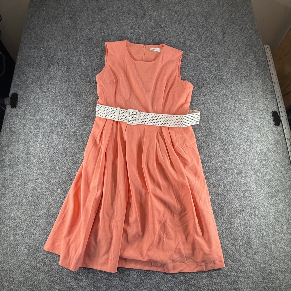 Calvin Klein Coral Peach Sleeveless Belted Fit & Flare Pleated Dress Size 16